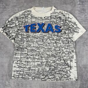 Texas Shirt Mens Large White Vintage 90s Sun Sportswear Map All Over Print USA